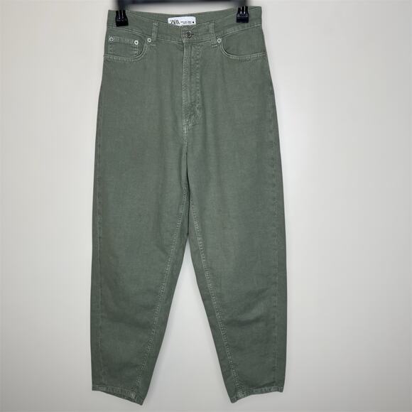 Zara Denim - Zara Balloon Jeans 4 Women Green High Waist Ankle Crop 100% Cotton Casual Trendy